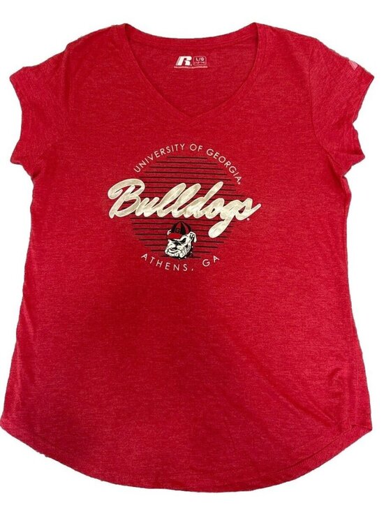 Russell Tops - University Of Georgia Bulldogs Womens L/G 12-14 Red V-Neck T-Shirt By Russell